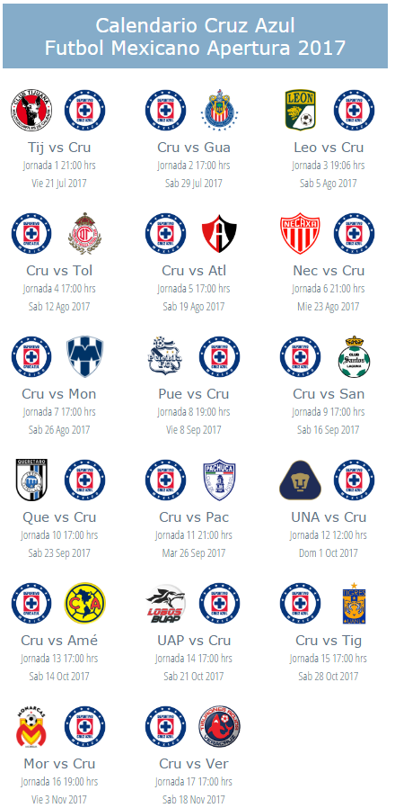 Calendario del Cruz Azul para el apertura 2017 del futbol mexicano